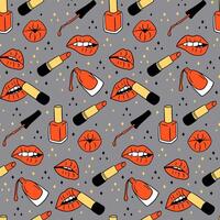 Flat bold female cosmetics seamless pattern. Beauty female concept with lips, lipsticks and nail polish. Trendy print design for textile, wallpaper, wrapping, background, packaging, stationary vector