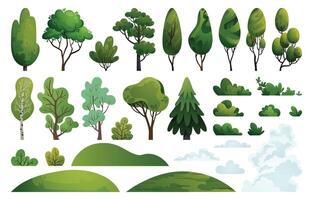 Summer landscape constructor kit. Collection with green hills, meadows, trees, shrubs, and clouds. Forest nature elements on a white background for banners, cards, stickers, packages, and web design. vector