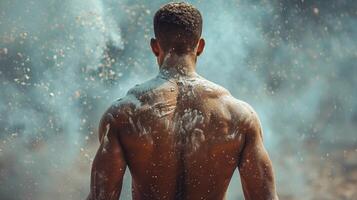 AI generated Man Standing in Front of Fire and Water Fountain photo