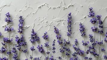 ai generado manojo de púrpura flores en blanco pared foto