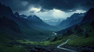 AI generated Mystical mountain landscape with winding road through the valley. High quality photo