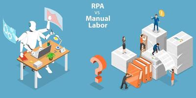 3d isométrica plano vector conceptual ilustración de rpa vs manual labor