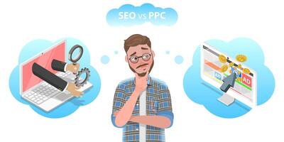 3D Isometric Flat Vector Conceptual Illustration of SEO vs PPC.