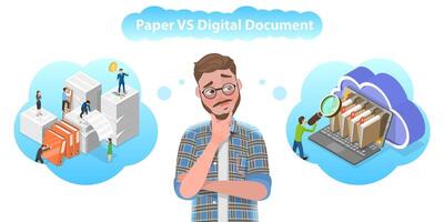 3D Isometric Flat Vector Conceptual Illustration of Paper VS Digital Documents.