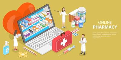 3D Isometric Flat Vector Conceptual Illustration of Pharmacy Online.