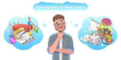 3d isométrica vector conceptual ilustración de datos Ciencias vs datos analítica.