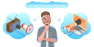 3D Isometric Flat Vector Conceptual Illustration of Inbound vs Outbound Marketing.