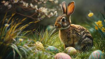 AI generated Beautiful festive Easter background with the main attributes of the holiday with copy space. AI Generated photo