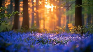 AI generated Field of Blue Flowers in Front of Forest photo