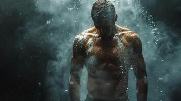 AI generated Shirtless Man Standing in Front of a Window photo