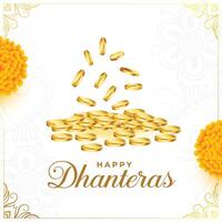 happy dhanteras event background with golden coin and marigold flower vector