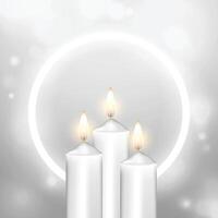 realistic burning church candle shiny background with neon frame vector