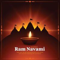 ram navami greeting with diya lamp and temple vector