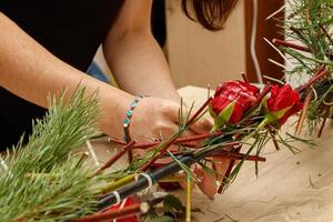 Christmas composition of fresh flowers photo