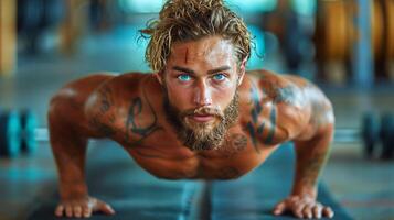 AI generated Man Doing Push Ups in Gym photo