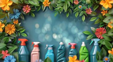 AI generated Spray Bottles on Lush Green Field photo