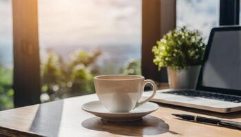 ai generado ordenador portátil computadora con café taza y oficina suministros en cómodo lugar de trabajo cerca el ventanas foto