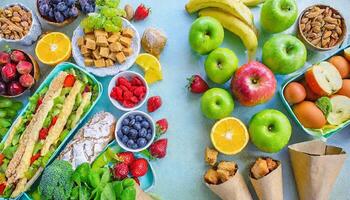 ai generado sano y insalubre comida antecedentes desde frutas y vegetales vs rápido alimento, dulces y Pastelería parte superior vista. dieta y desintoxicación en contra caloría y exceso de peso estilo de vida concepto. foto