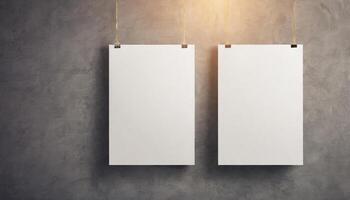 AI generated Template of white blank vector posters. Set of mockups hanging on the wall. Frame for paper sheet. Isolated on gray background. photo