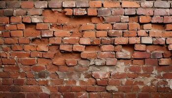 AI generated Fragment of old brickwork, close-up. Red brick wall. Potholes and defects in a brick wall. Flat lay, close-up. Cracks and defects of red brick on the wall. building houses, texture photo