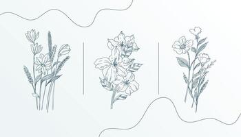 set of three hand drawn botanical flower abstract banner vector