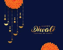 happy diwali vector design with floral and hanging diya