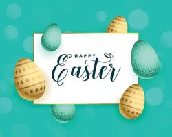 realistic happy easter card with golden and turquoise colors vector