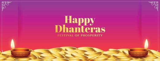 contento Dhanteras cultural bandera con dorado moneda y brillante diya vector