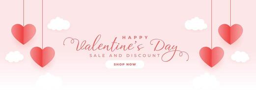 valentines day sale banner with hearts and clouds vector