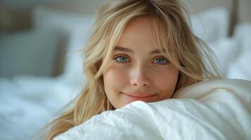 AI generated Smiling beautiful blond woman strong embracing her white bedroom pillow. Side view before sleeping photo