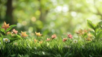 ai generado cerca arriba de primavera flores con verde césped en blured ligero fondo, primavera antecedentes para bandera o tarjeta foto