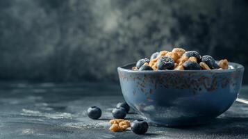 AI generated Blueberry and nut topped oatmeal on a rustic backdrop photo