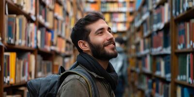 AI generated Cheerful male international student with backpack, standing near bookshelves at university library or book store during break between lessons. Education concept photo