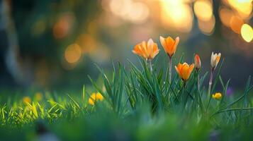 ai generado cerca arriba de primavera flores con verde césped en blured ligero fondo, primavera antecedentes para bandera o tarjeta foto