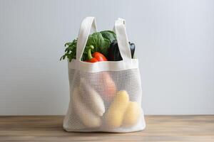 AI generated White eco friendly shopping bag with fresh vegetables against the backdrop of a light modern kitchen. Sustainable mesh tote shopper bag, fresh vegetables on wooden kitchen table photo