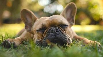 ai generado sonriente cara linda encantador francés buldog acostado en el césped en un verano parque, gracioso encantador mascota perro, perro en el antecedentes de naturaleza. foto