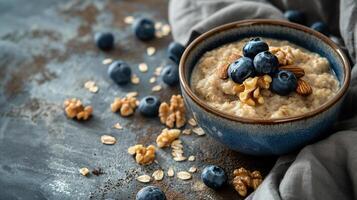 AI generated Blueberry and nut topped oatmeal on a rustic backdrop photo