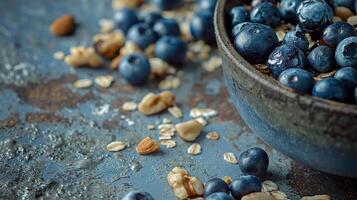AI generated Blueberry and nut topped oatmeal on a rustic backdrop photo