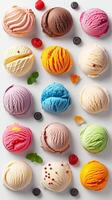 AI generated Top view of Ice cream scoop ball. Many assorted different flavour mockup template on white background photo