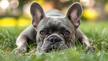 ai generado sonriente cara linda encantador francés buldog acostado en el césped en un verano parque, gracioso encantador mascota perro, perro en el antecedentes de naturaleza. foto