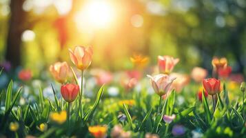 AI generated Close up of spring flowers with green grass on blured light background, Spring background for banner or card photo