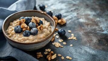 AI generated Blueberry and nut topped oatmeal on a rustic backdrop photo