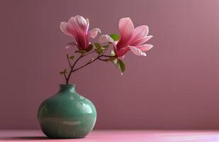 ai generado verde florero con rosado flores en mesa foto