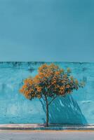 AI generated Tree Painting in Front of Blue Wall photo