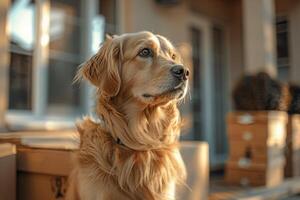 ai generado marrón perro sentado en de madera piso foto