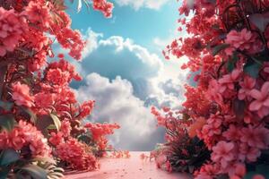 AI generated Road With Pink Flowers and Clouds photo