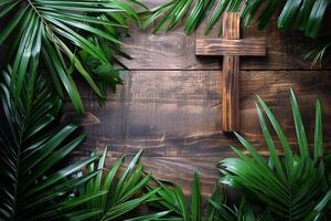 AI generated Wooden Cross Surrounded by Palm Leaves photo