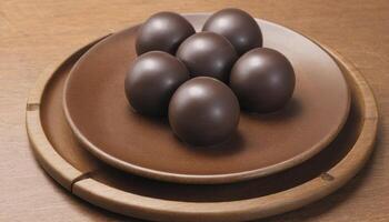 AI generated fancy chocolate ball on wood plate photo