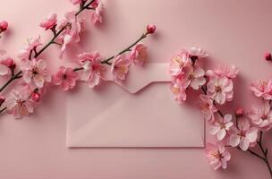 AI generated Envelope With Pink Flowers on Pink Background photo