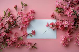 AI generated White Envelope Surrounded by Pink Flowers on Pink Background photo